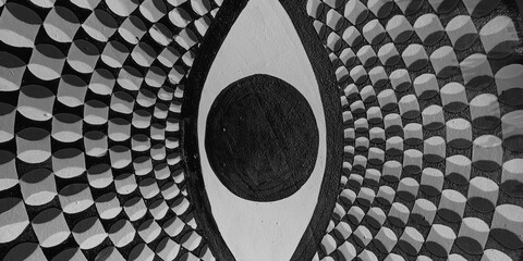 black and white abstract eye mural with repeating geometric pattern, orange and teal shapes, textured painted wall, optical illusion, modern street art background © HARSH