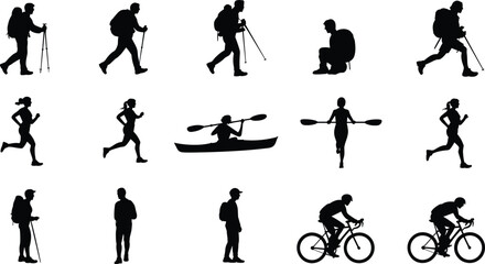 Outdoor Adventure Silhouettes Collection Featuring Hiking Trekking Running Cycling Kayaking and Active Lifestyle Recreation Graphics for Professional Sports and Nature Designs © Sreemotijaynotyrani 