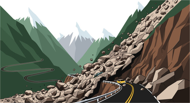 A dangerous rockslide on a winding mountain road, with large boulders tumbling down a steep slope, illustrating natural hazards and road closures.