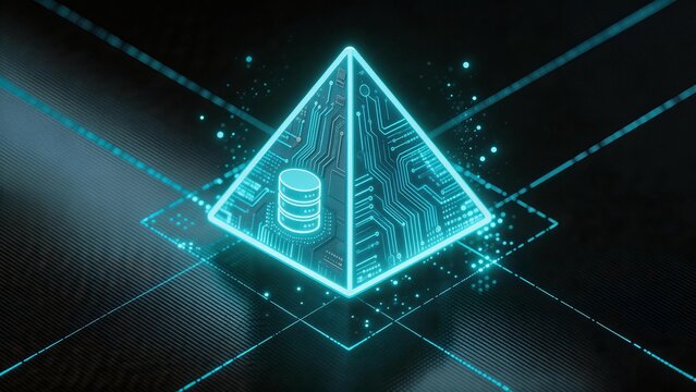 Glowing circuit pyramid with database icon