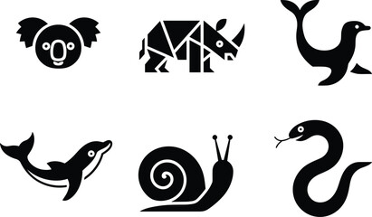 Set of Black Animal Icons Featuring Koala, Rhino, Seal, Dolphin, Snail, and Snake, Perfect for Wildlife, Nature, and Educational Designs © Sreemotijaynotyrani 