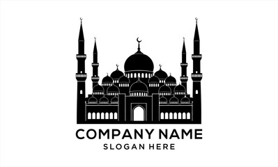 Elegant Black Silhouette of a Grand Mosque with Multiple Domes and Minarets.