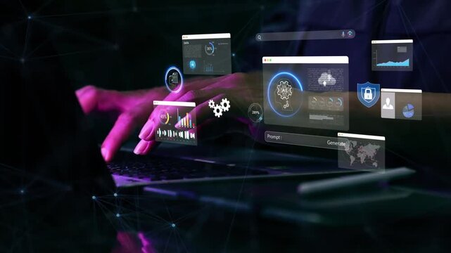 woman analyst uses a computer AI artificial intelligence and dashboard for data business analysis and Data Management System with KPI and metrics connected to the database for technology finance,