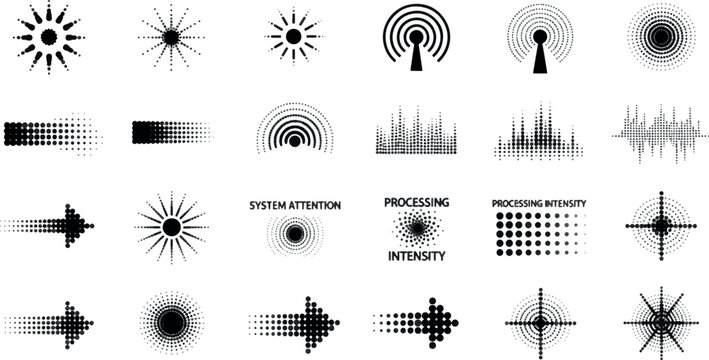 Vector Set of Abstract Technological Icons, Minimalist Digital Signal Elements, Creative HUD Interface Symbols and Modern Data Processing Graphics for UI UX Design