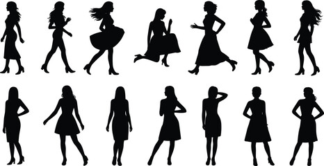 Obraz premium Set of elegant female silhouettes wearing dresses and skirts in various poses including walking running sitting and standing for fashion design