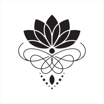 Minimal lotus flower logo vector, Abstract lotus symbol with decorative lines, Elegant black lotus icon on white background, Modern floral logo design lotus style, Sacred lotus emblem minimalist illus