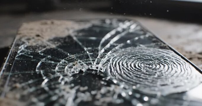 Close-up of a cracked smartphone screen lying on a dusty surface, highlighting damage and neglect