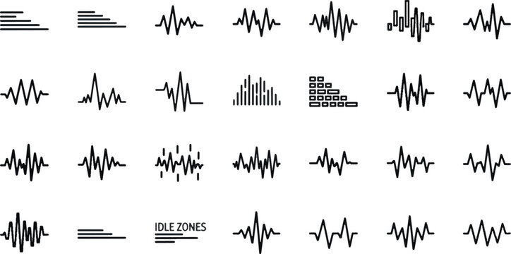 Vector Set of Abstract Sound Waves, Audio Pulse Line Icons, Minimalist Music Waveform Symbols and Digital Signal Frequency Elements for Media Design