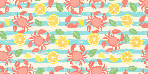 Colorful summer pattern with crabs lemons and vibrant striped background © Prince
