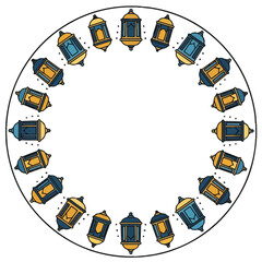 Vector illustration of a circular frame with alternating gold and teal Islamic lanterns, isolated on a transparent background, perfect for Ramadan greetings or event invitations. © Musrat Perveen