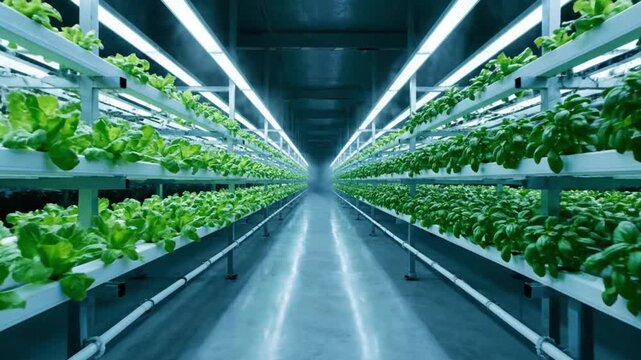 Interior view of a hydroponic farm with rows of leafy green plants growing under LED lighting on metal shelves in a dark room.