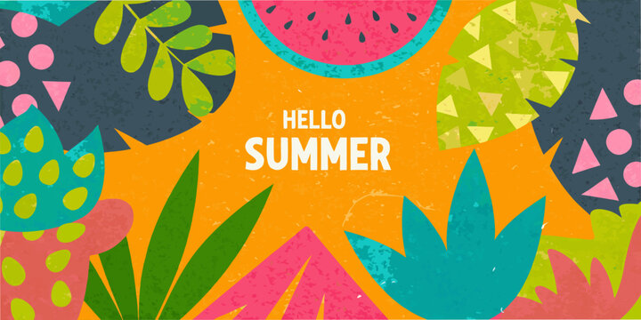 A vibrant summer illustration featuring tropical leaves watermelon and text
