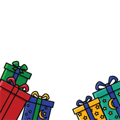 Obraz premium Vector illustration of colorful gift boxes with ribbons and bows, featuring stars and moon patterns, isolated on a transparent background.