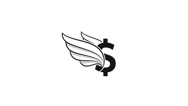 A black and white illustration of a winged dollar sign on a plain white background with a minimalist design.