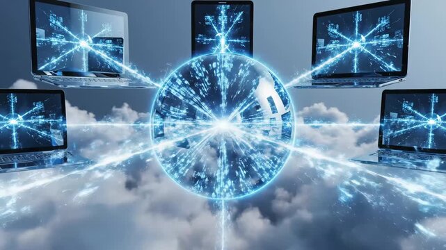 A network of glowing devices interconnected by bright blue light streams pulsates from a central glowing orb amidst ethereal clouds and abstract cloud formations