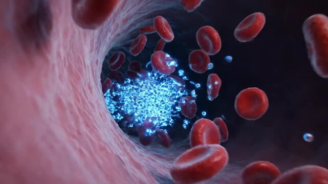 Close up view of red blood cells flowing within a vein next to a blood clot illustrating cardiovascular health or disease and medical science