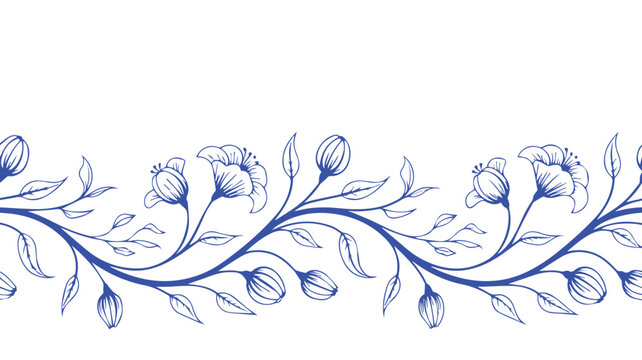 Elegant Hand-Drawn Blue Floral Border Design with Delicate Flowers and Leaves Pattern