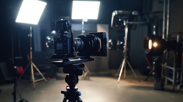 Professional cinema camera on tripod in film studio