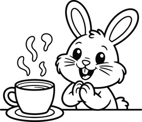 Cute bunny with hot coffee cup outline coloring page cartoon rabbit black and white line art