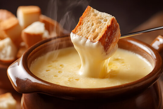 Classic Ceramic Pot Filled with Melted Swiss Cheese Ready for Fondue Party Delight