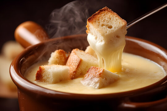 Classic Fundue Pot Filled with Melted Cheese and Bread for a Cozy Dining Experience
