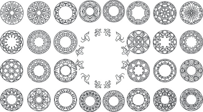 Vector Set of Detailed Geometric Mandalas, Ornamental Circular Frames, and Ethnic Round Border Elements for Yoga, Meditation and Creative Branding