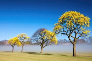 Fototapeta premium Three trees in a park, yellow blossoms, morning mist