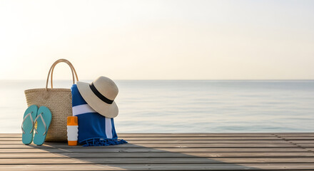Straw beach bag with flip-flops and hat by the sea