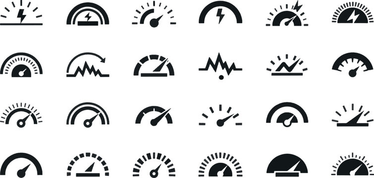 Vector Set of Energy and Power Gauge Icons, Electric Meter Dials, Lightning Bolt Indicators and Voltage Monitoring Scales for Technical Dashboards
