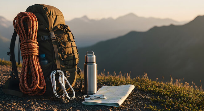 Hiking backpack with rope and carabiners on mountain trail