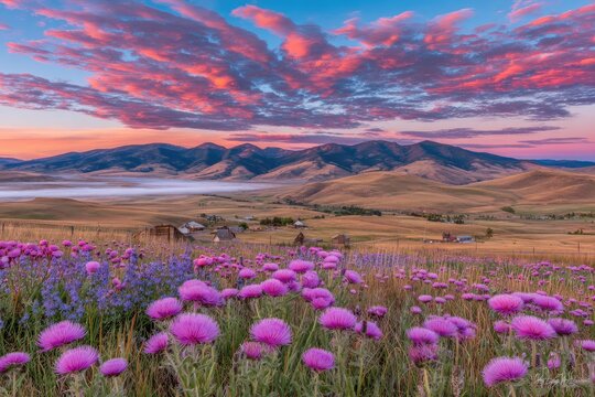 Sunrise over a valley, wildflowers in bloom