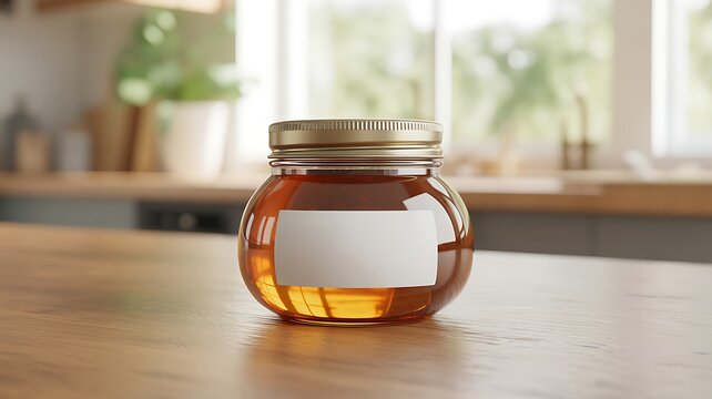 Clear glass honey jar with blank label on wooden kitchen counter