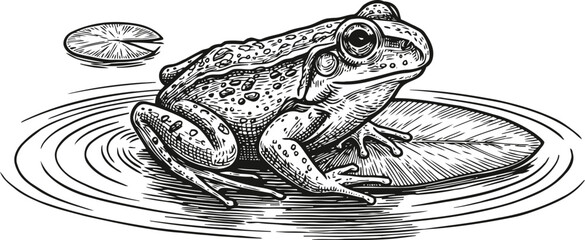 Fototapeta premium Detailed black and white illustration of a frog sitting on a lily pad in water with ripples