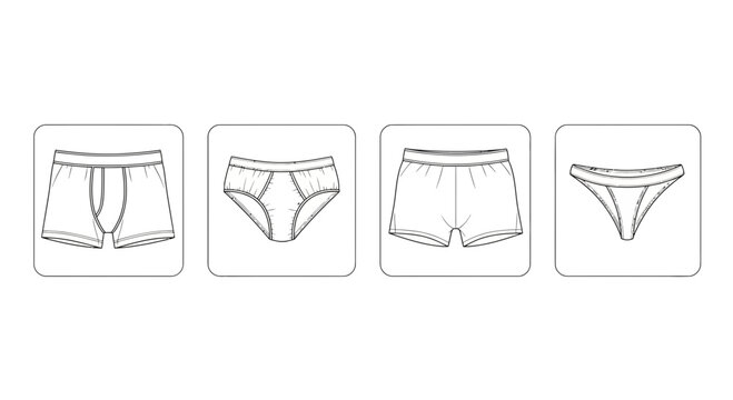 Set of different men's underwear types, line art icons, isolated on white background