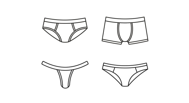 Set of four different types of underwear for men and women, line art illustration