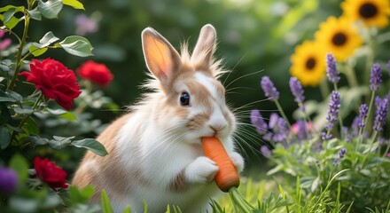 Fluffy Rabbit Eating Carrot in Summer Flower Garden