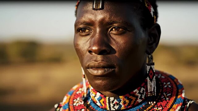 Portrait of a Kenyan Maasai warrior adorned with colorful beads and traditional headdress Their gaze is intense reflecting cultural pride and resilience