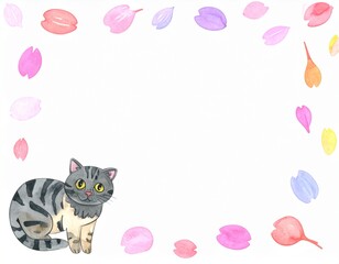 カラフルな桜と猫のフレーム