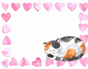 くつろぐネコとハートのフレーム