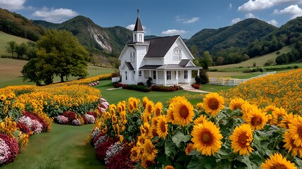 Illustration of a serene white church surrounded by vibrant sunflowers and colorful flowers in a picturesque mountain valley landscape
