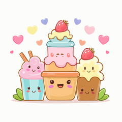 Adorable Kawaii Dessert Friends Illustration with Hearts - Sweet and Playful Group of Happy Treats for Celebrations