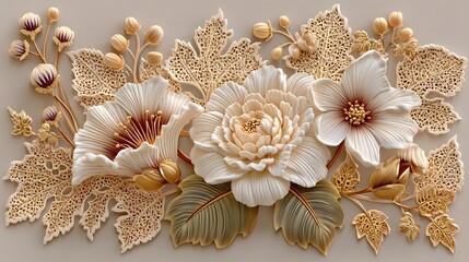 Illustration of intricate floral arrangement with white flowers and gold leaves on beige background