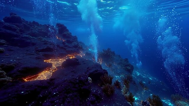 Underwater volcanic area with subtle lava glow behind rocks