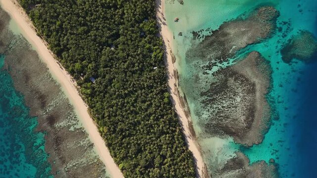 Drone fly around the tiny island of Eua, Kingdom of Tonga, capturing its full perimeter, lush palms, rugged coastline, and endless Pacific waters from a sweeping aerial perspective.