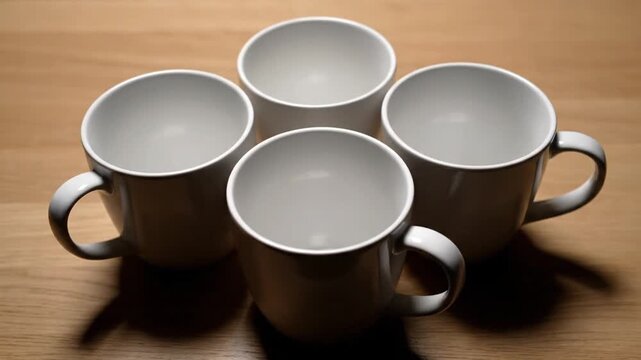 Four empty white mugs arranged in a diamond shape on a wooden table, close-up shot.