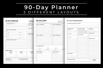 90 Day Vision Planner & Goal Tracker Notebook for Strategic Success, Life Alignment Journal, Milestone Roadmap & Productivity Logbook, Printable Vector