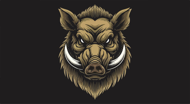 A warthog's head with large tusks and a fierce expression on a black and white background.