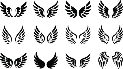 Stylized angel wings silhouette set, black feather wing icon collection isolated on white background, decorative emblem design for tattoo, logo and vector illustration © Hello World
