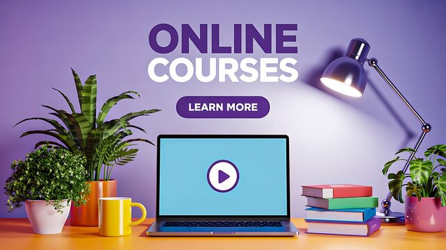 Online courses concept with laptop books and desk workspace for digital education

