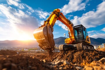 Excavator Operating in Expansive Industrial Zone at Sunset with Dramatic Sky